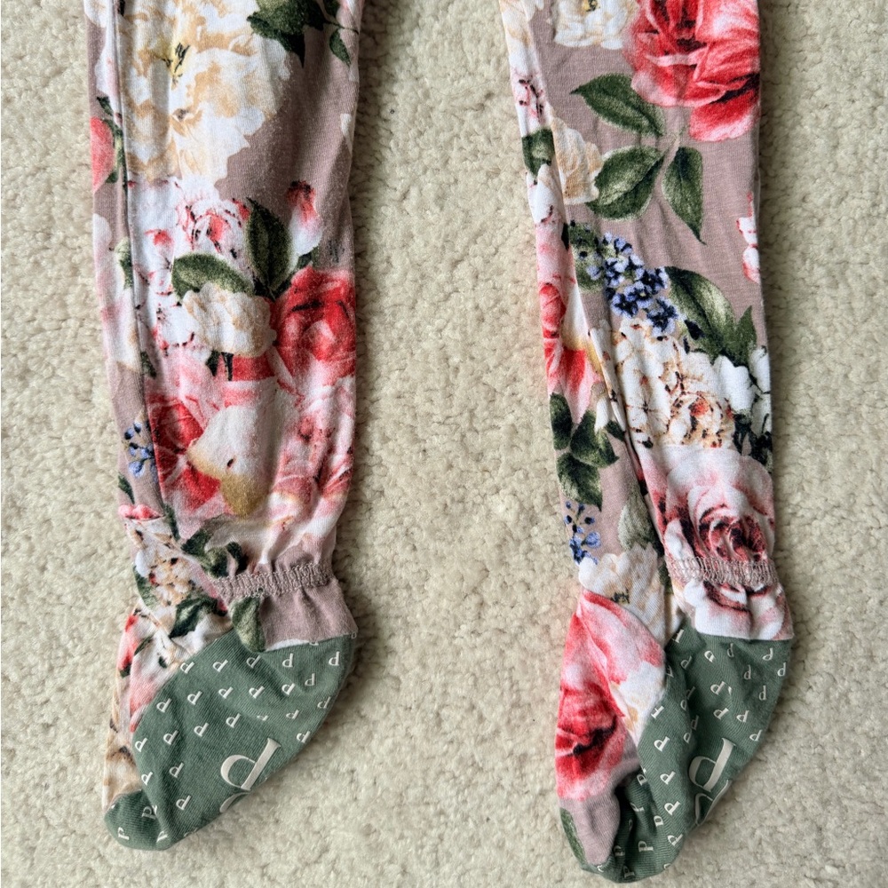 Posh Peanut Floral Footie Ruffled Zippered One Piece in Pink, Green, & Grey - Picture 12 of 12